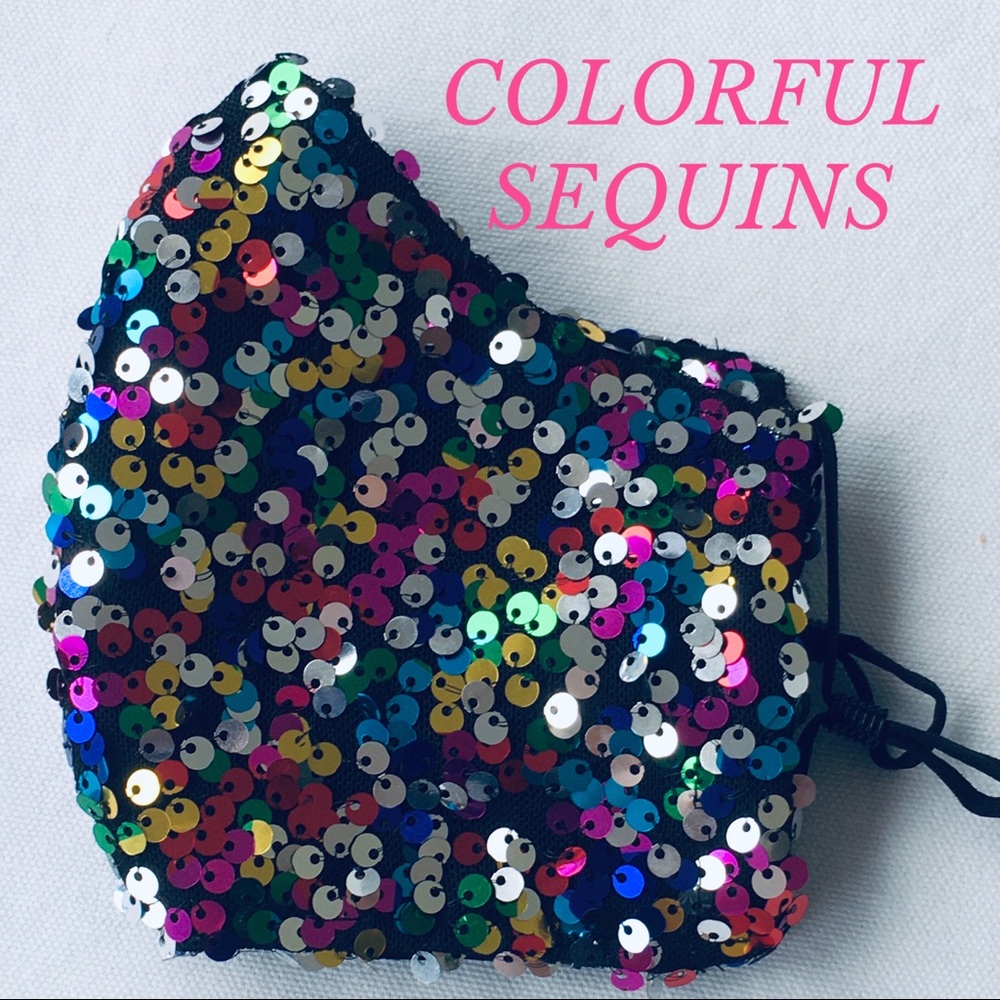 HAND CRAFTED SEQUIN FACE MASK BLING RAINBOW - Picture 3 of 11